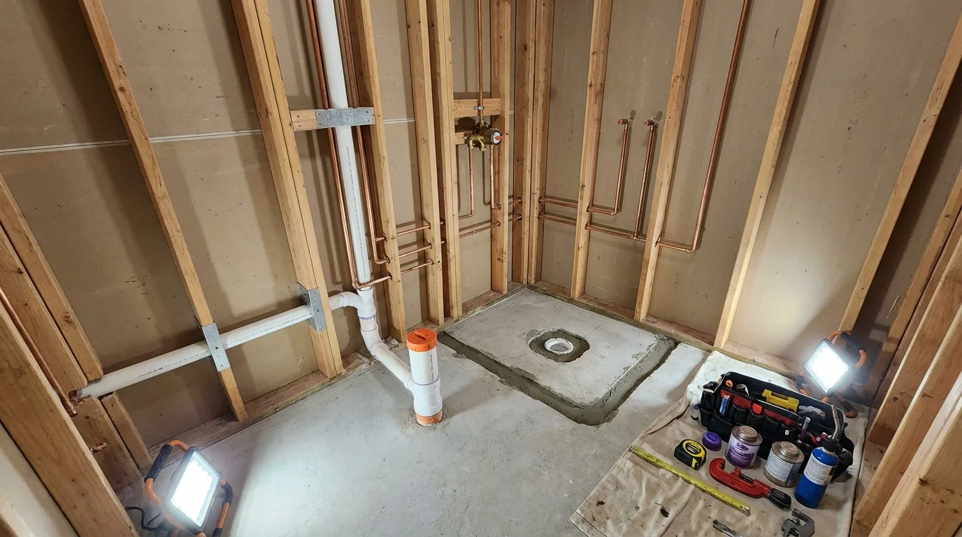 Bathroom rough-in plumbing during remodel by Johns Plumbing LLC in Elmwood