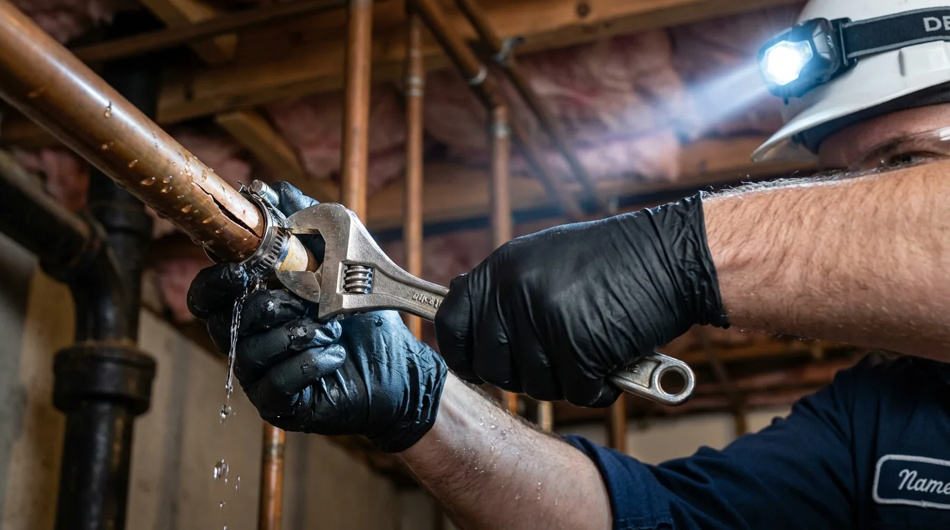 Emergency pipe clamp repair being performed by a Johns Plumbing LLC plumber in Elmwood