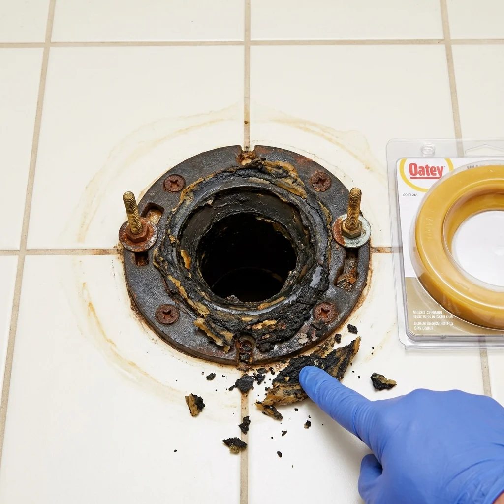 Failed wax ring showing water seepage at the base of a toilet in a Elmwood, IL home