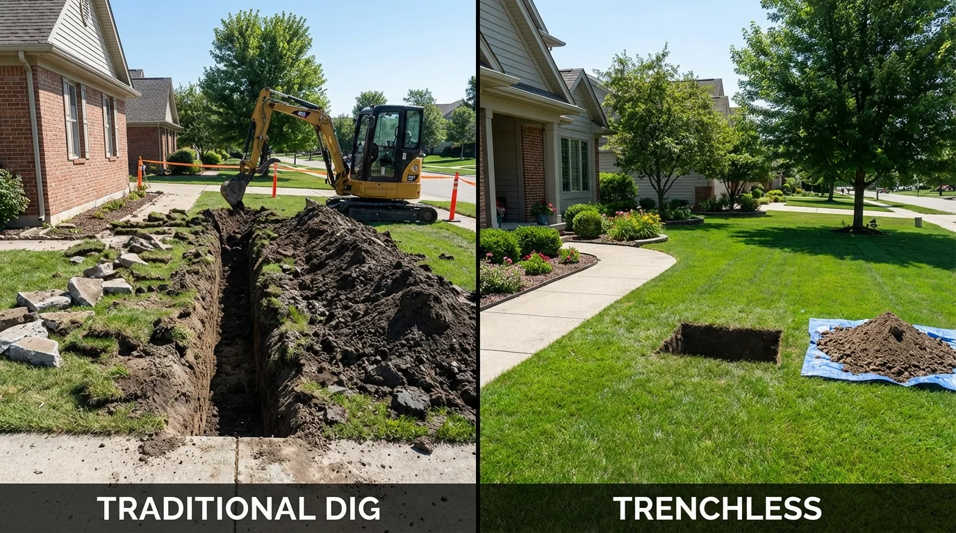 Trenchless sewer repair with minimal yard damage versus traditional excavation in Elmwood, IL