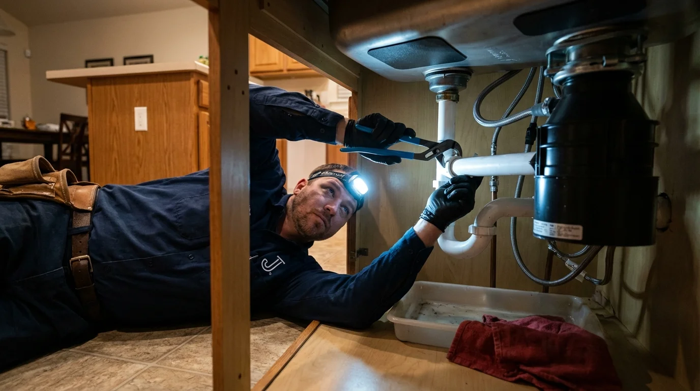 P-trap and supply line connections under a kitchen sink showing a common leak point in Elmwood, IL